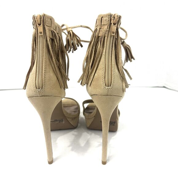 QUPID Womens Shoes Size 6 Fringe Ankle Open Toe Taupe Zip Closure Platform Heels - Picture 5 of 16
